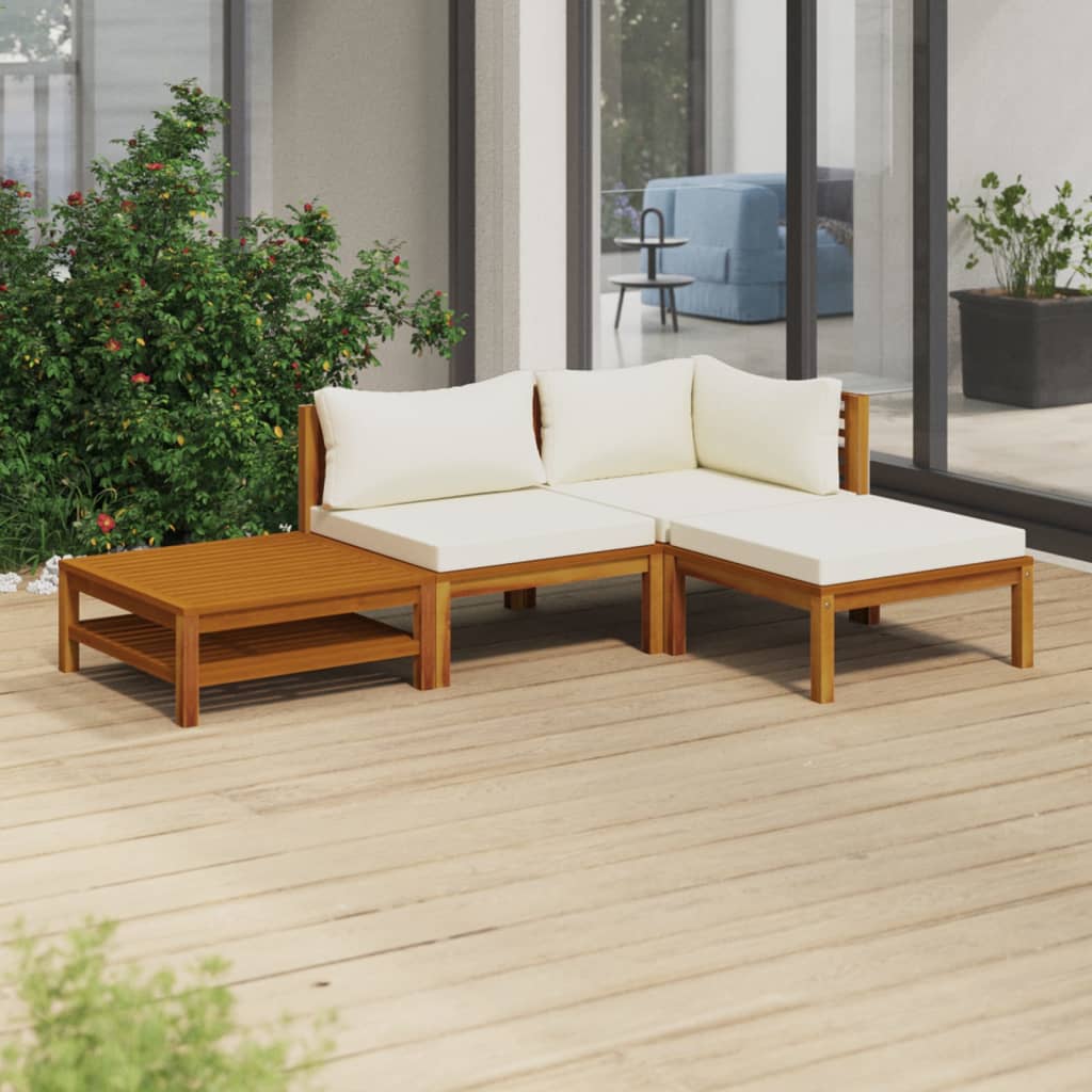 4-tlg. Garten-Lounge-Set mit Creme Kissen Massivholz Akazie