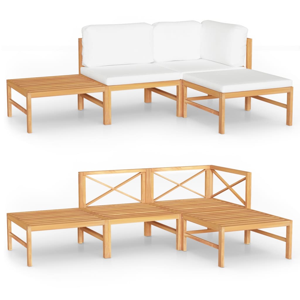 4-tlg. Garten-Lounge-Set mit Creme Kissen Massivholz Teak