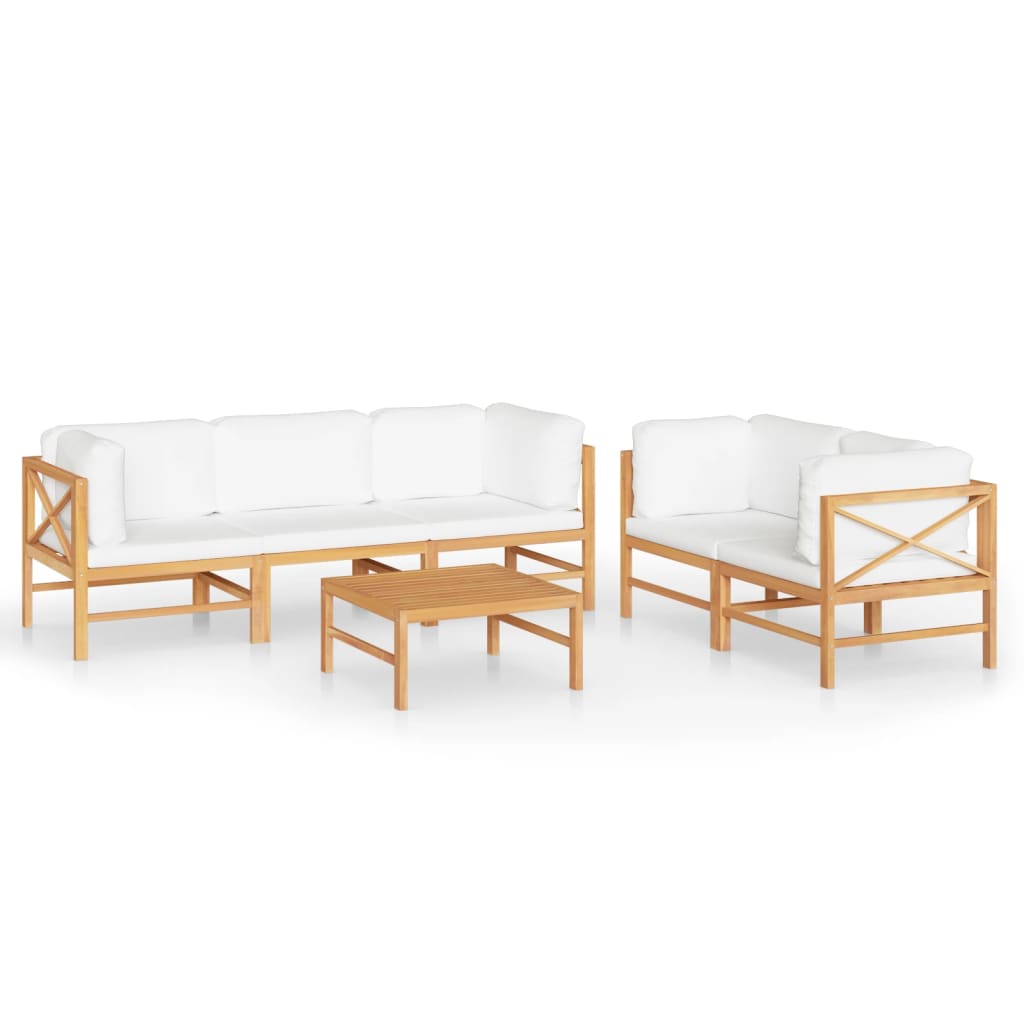 6-tlg. Garten-Lounge-Set mit Creme Kissen Massivholz Teak