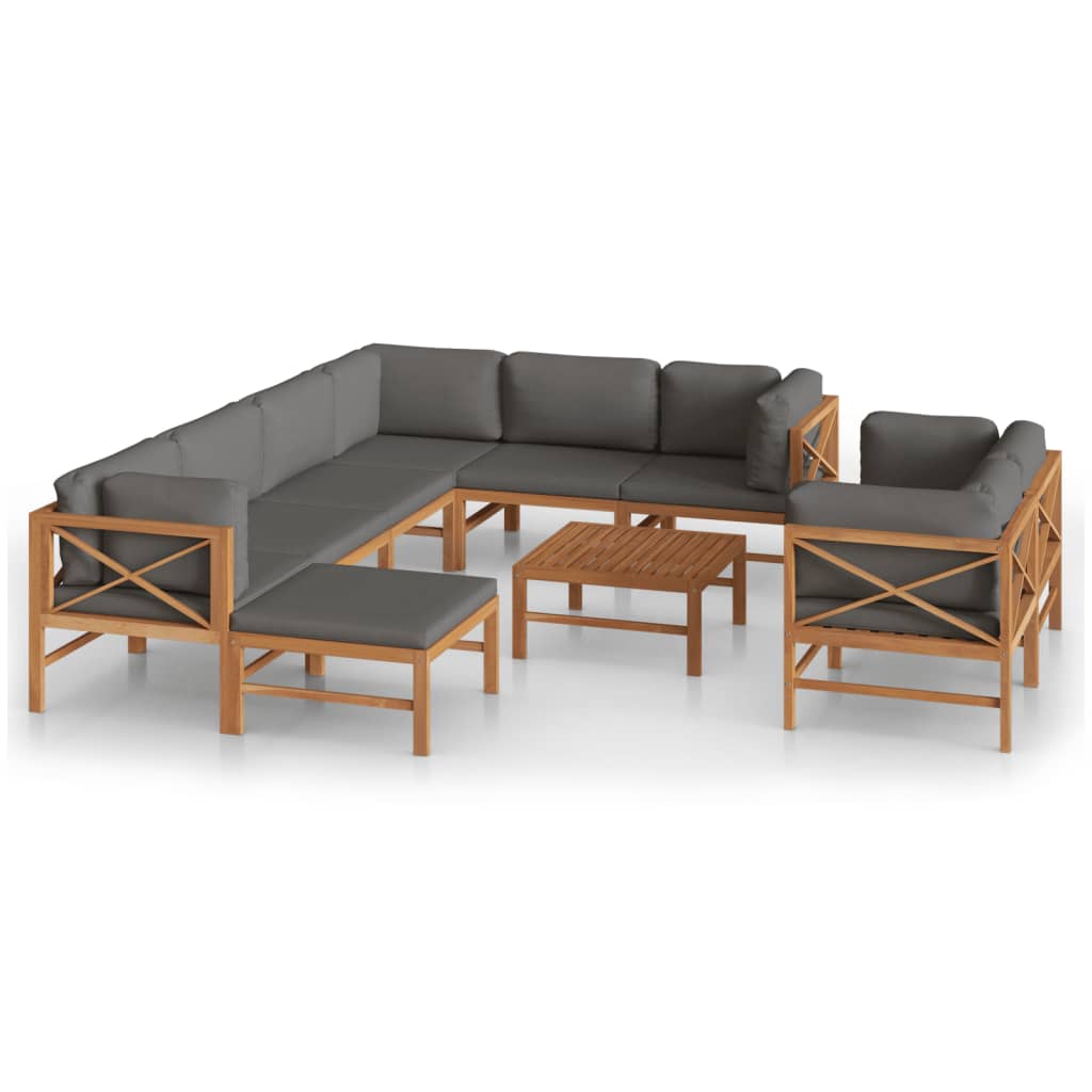 10-tlg. Garten-Lounge-Set mit Grauen Kissen Massivholz Teak