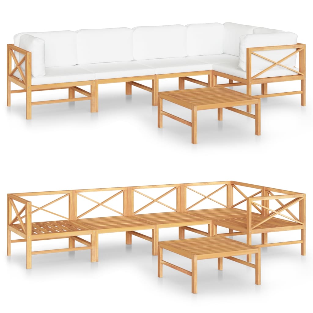 6-tlg. Garten-Lounge-Set mit Creme Kissen Massivholz Teak