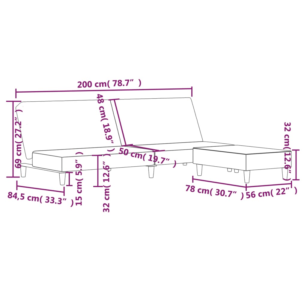 Schlafsofa 2-Sitzer mit Fußhocker Schwarz Stoff