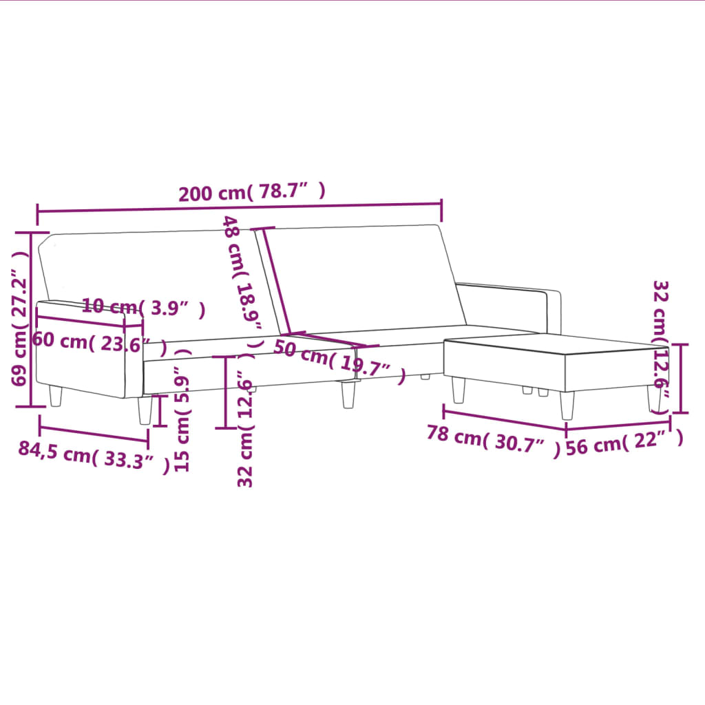 Schlafsofa 2-Sitzer mit Fußhocker Hellgrau Stoff