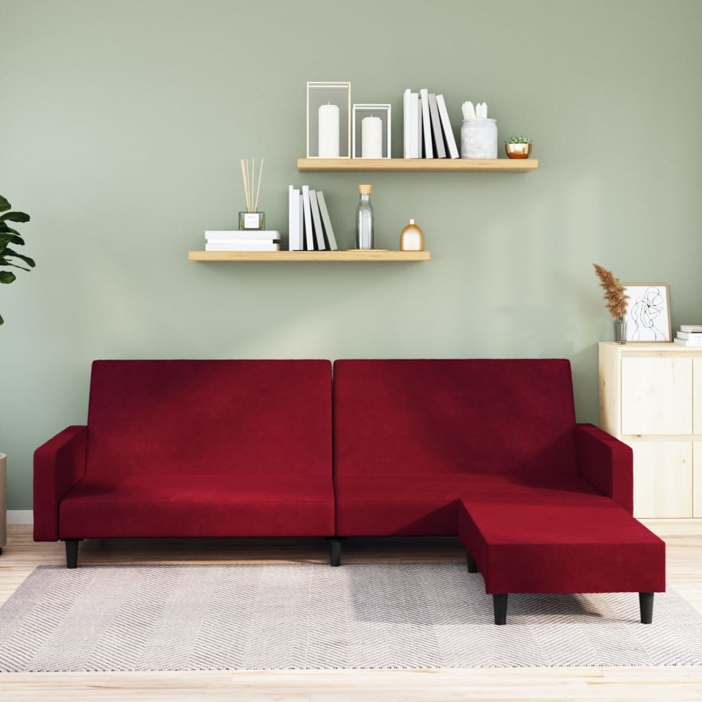 Schlafsofa 2-Sitzer mit Fußhocker Weinrot Samt