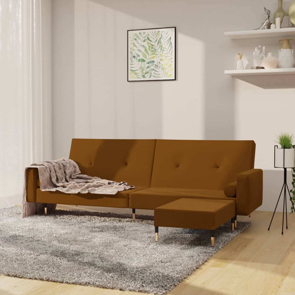 Schlafsofa 2-Sitzer mit Hocker Braun Samt