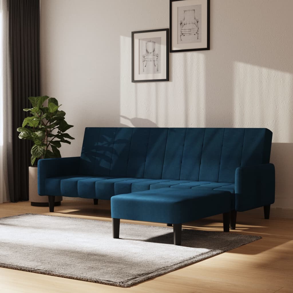 Schlafsofa 2-Sitzer mit Hocker Blau Samt