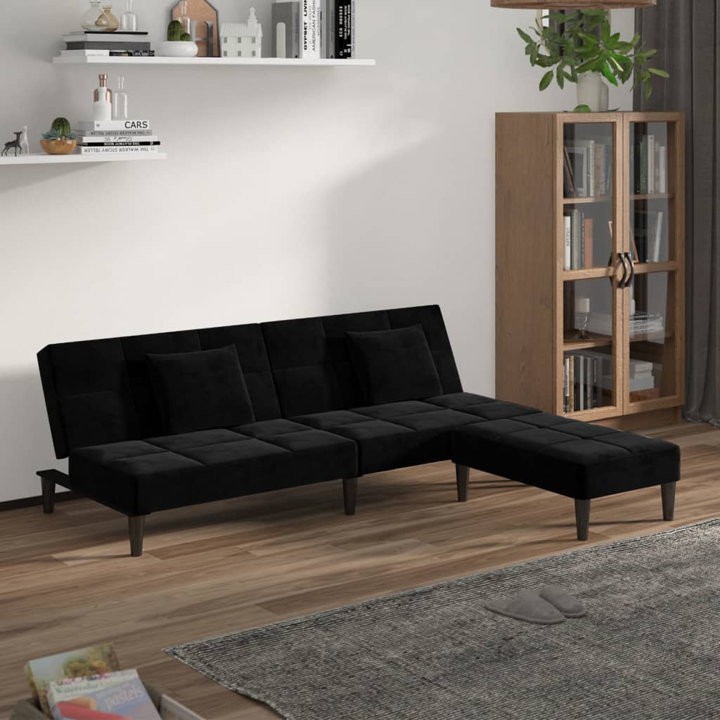 Schlafsofa 2-Sitzer mit 2 Kissen & Hocker Schwarz Samt