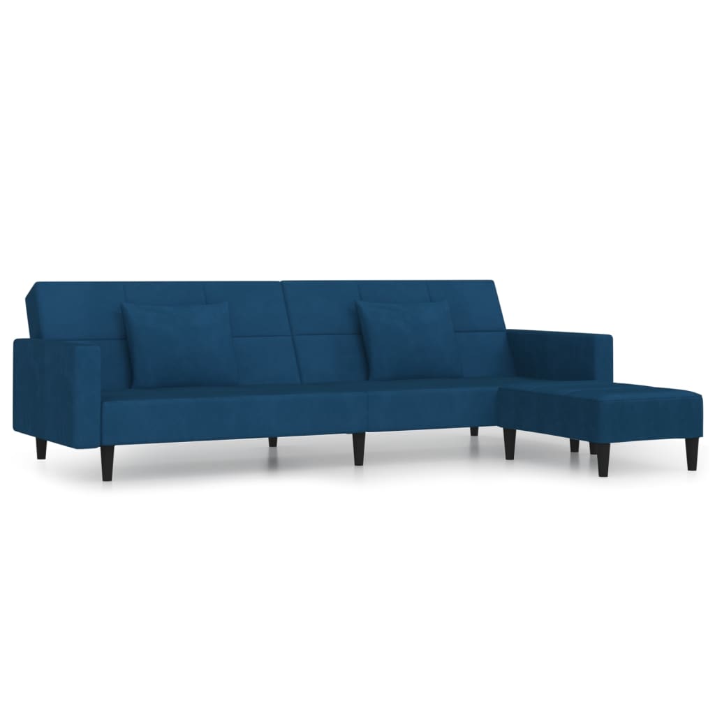 Schlafsofa 2-Sitzer mit 2 Kissen & Hocker Blau Samt