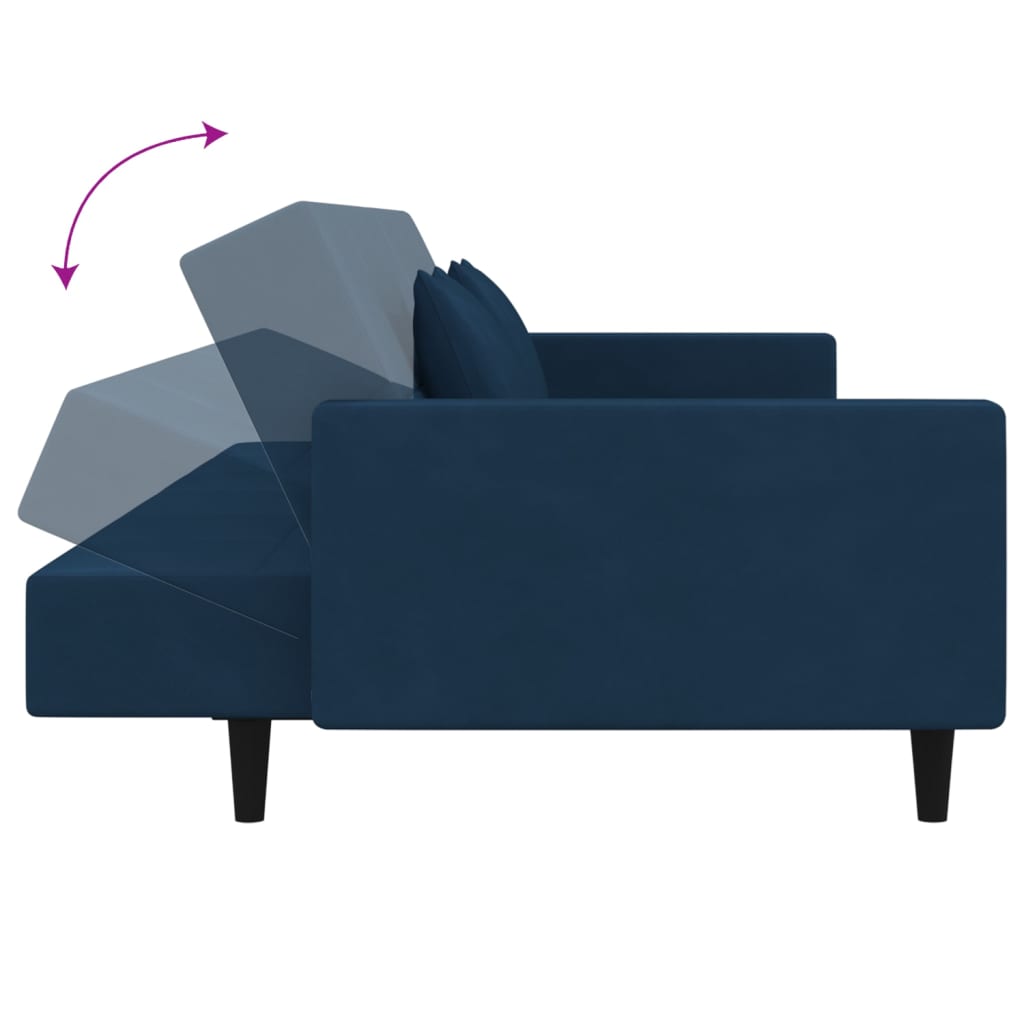 Schlafsofa 2-Sitzer mit 2 Kissen & Hocker Blau Samt