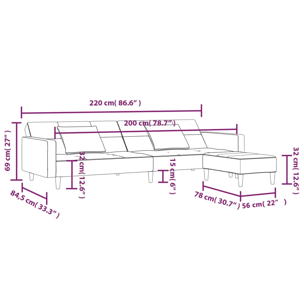 Schlafsofa 2-Sitzer mit 2 Kissen & Hocker Blau Samt