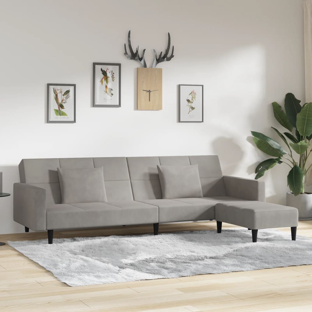Schlafsofa 2-Sitzer mit 2 Kissen & Hocker Hellgrau Samt