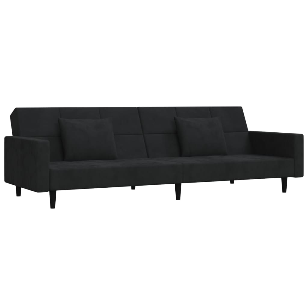 Schlafsofa 2-Sitzer mit 2 Kissen & Hocker Schwarz Samt