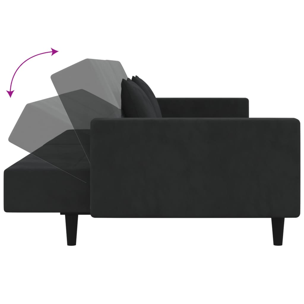 Schlafsofa 2-Sitzer mit 2 Kissen & Hocker Schwarz Samt