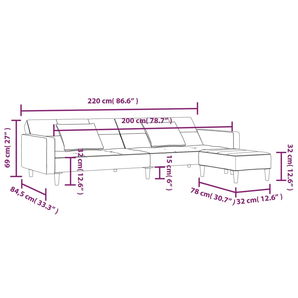 Schlafsofa 2-Sitzer mit 2 Kissen & Hocker Schwarz Samt