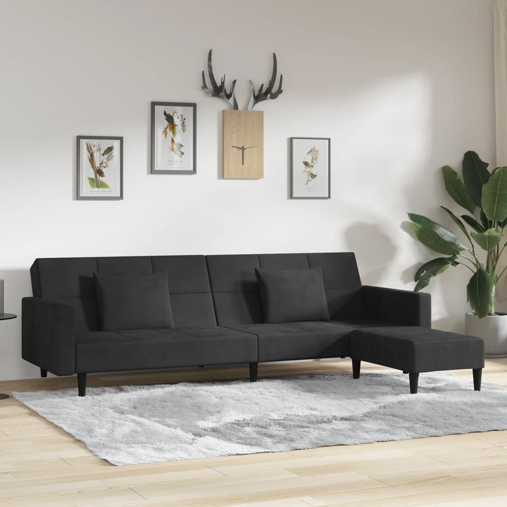 Schlafsofa 2-Sitzer mit 2 Kissen & Hocker Schwarz Samt