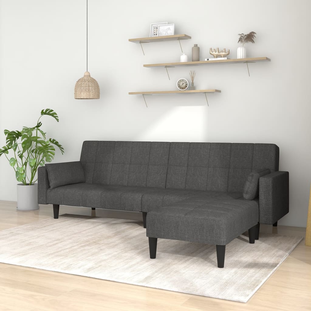 Schlafsofa 2-Sitzer mit 2 Kissen & Hocker Dunkelgrau Stoff