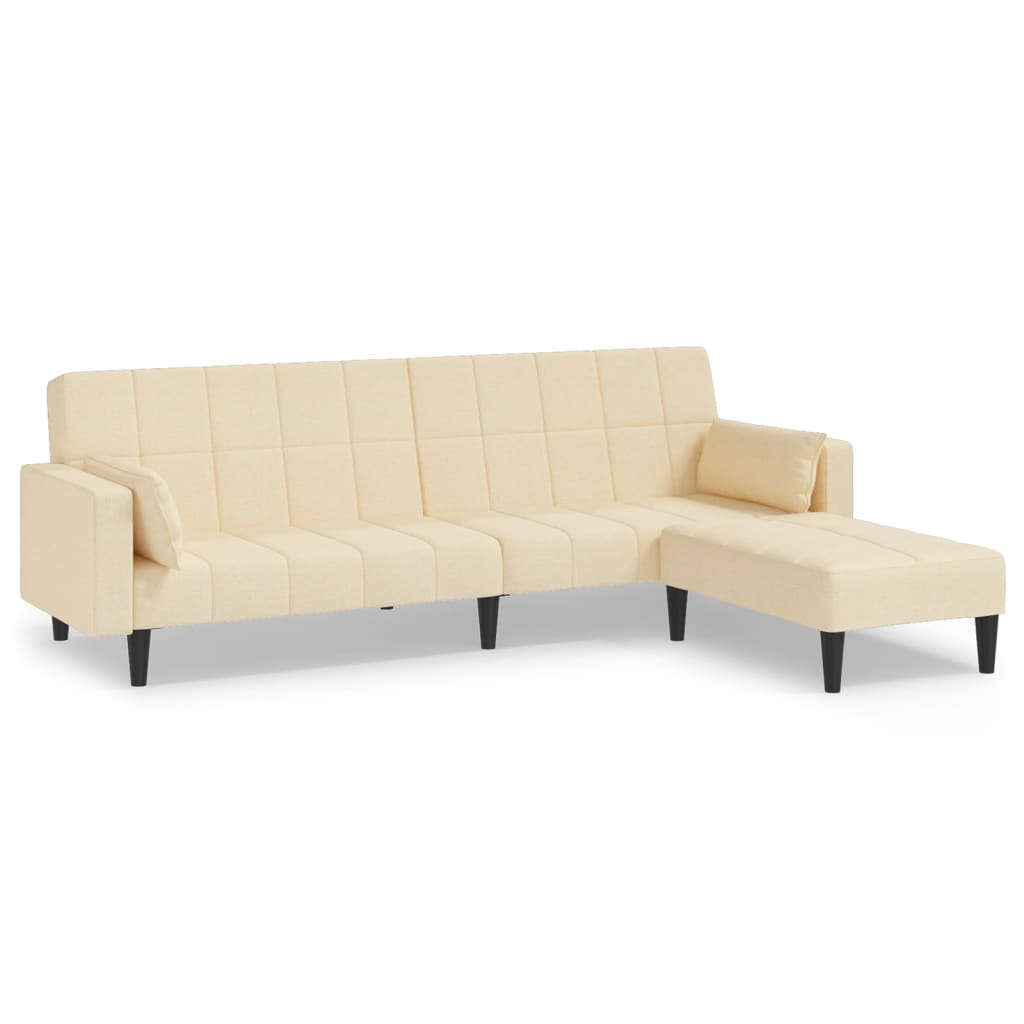 Schlafsofa 2-Sitzer mit 2 Kissen & Hocker Creme Stoff
