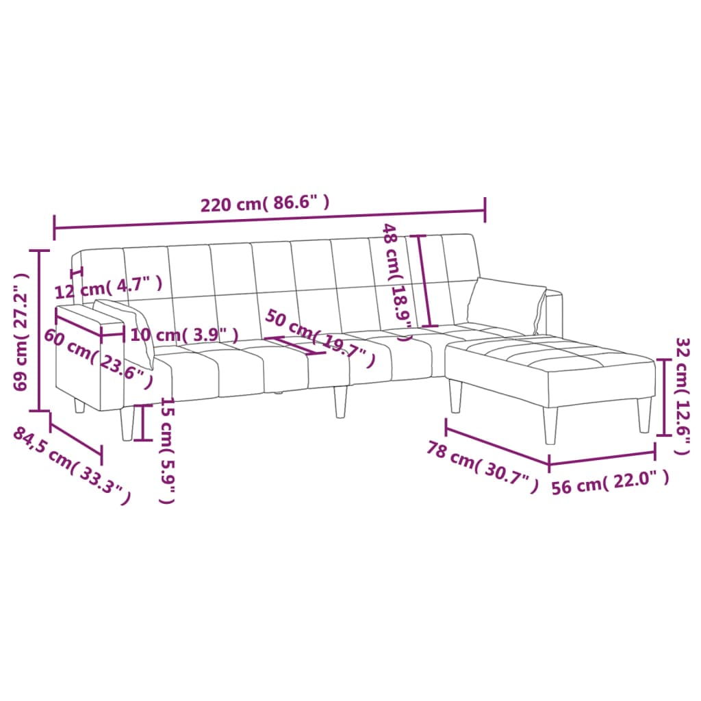 Schlafsofa 2-Sitzer mit 2 Kissen & Hocker Creme Stoff