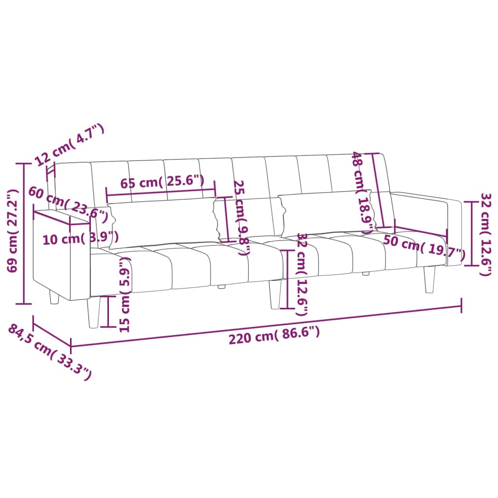 Schlafsofa 2-Sitzer mit 2 Kissen & Hocker Creme Stoff
