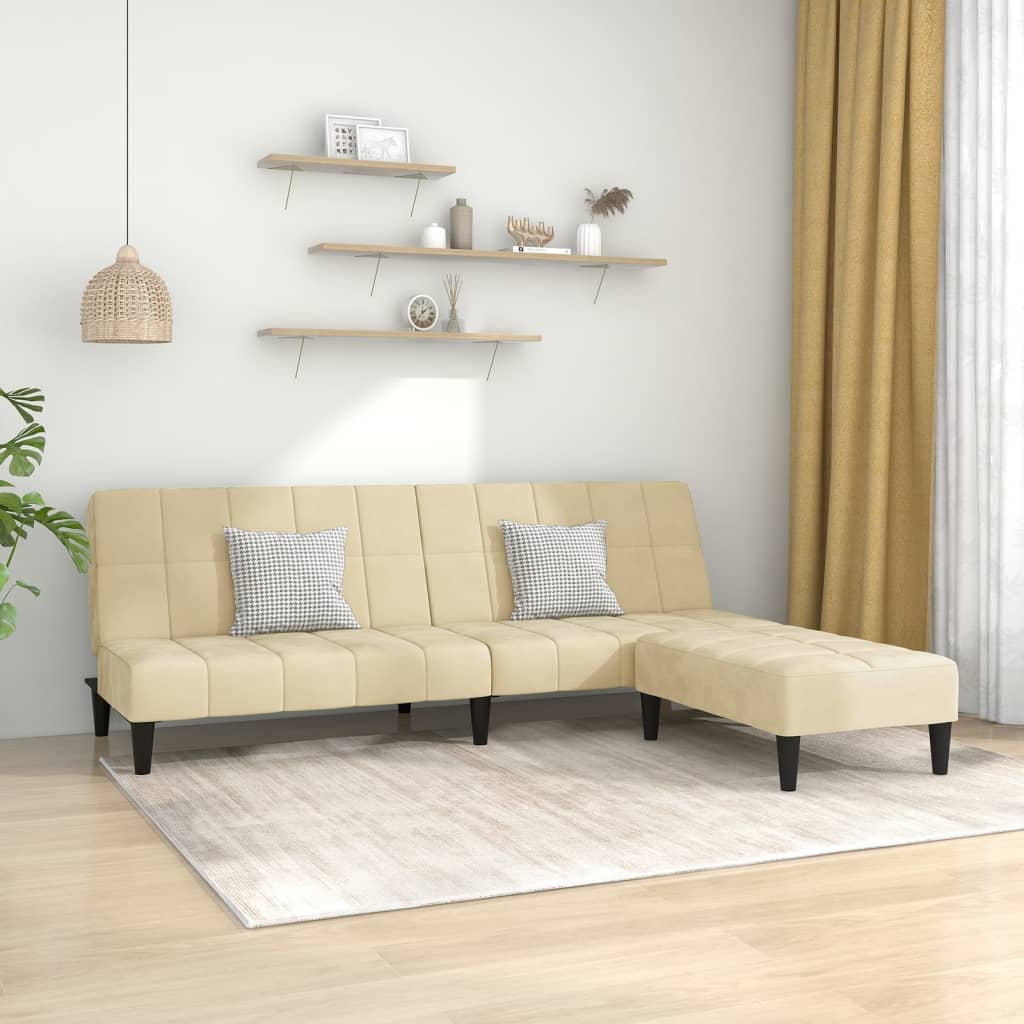 Schlafsofa 2-Sitzer mit Hocker Creme Samt