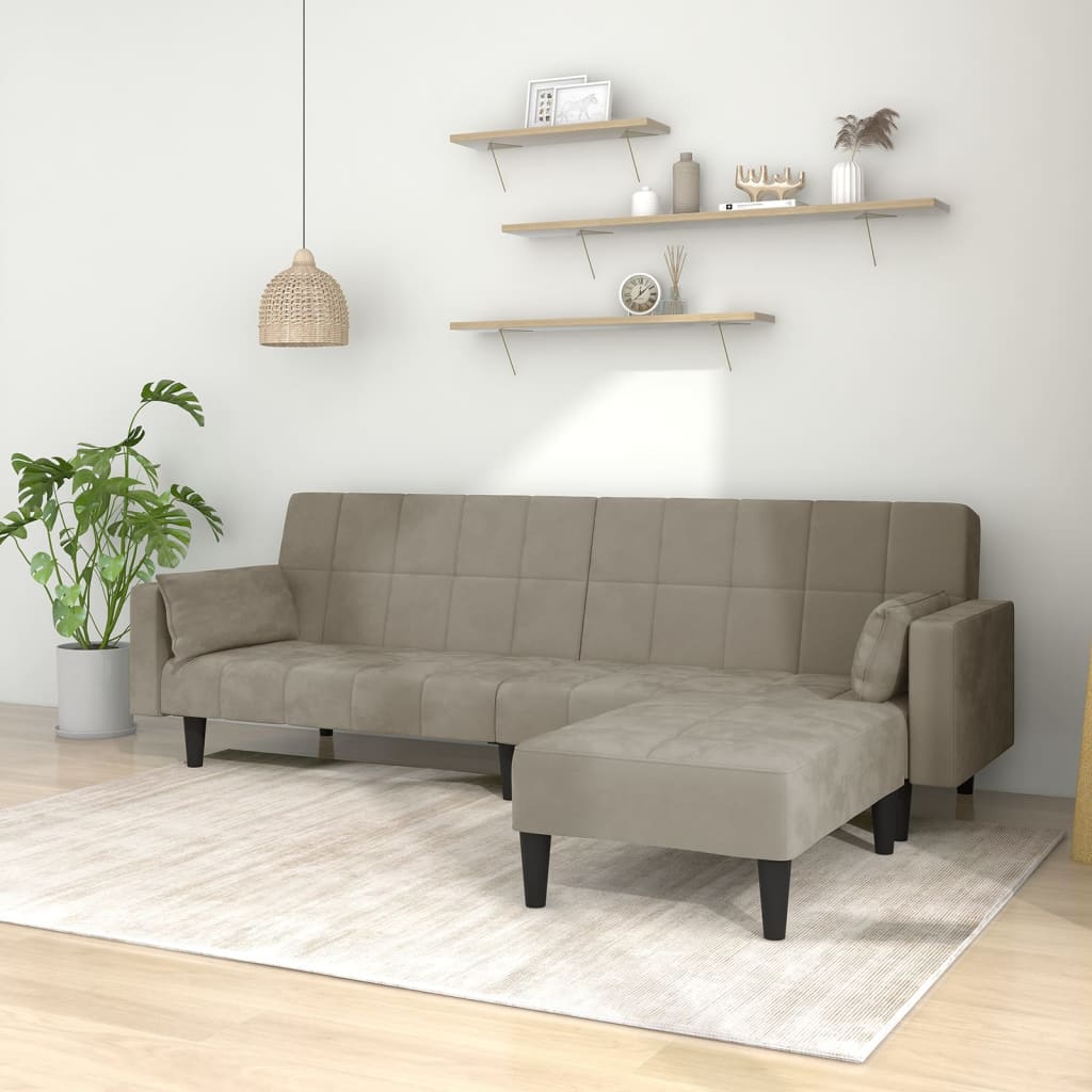 Schlafsofa 2-Sitzer mit 2 Kissen & Hocker Hellgrau Samt