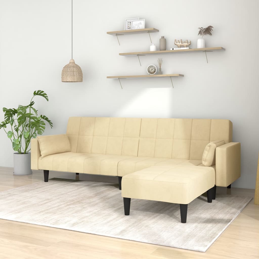 Schlafsofa 2-Sitzer mit 2 Kissen & Hocker Creme Samt