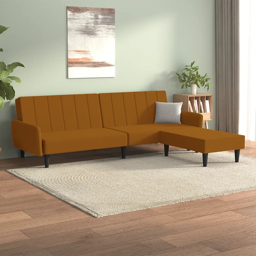 Schlafsofa 2-Sitzer mit Hocker Braun Samt