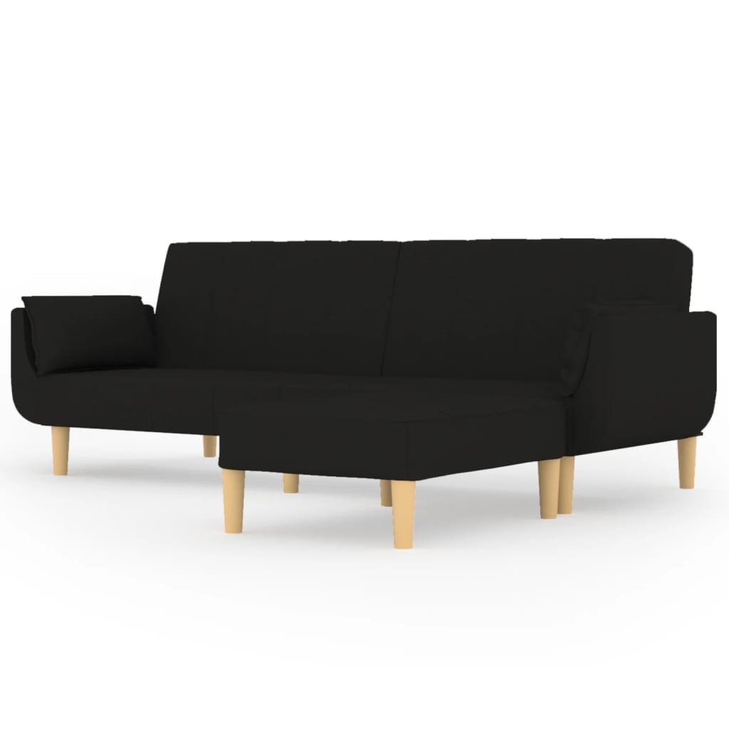 Schlafsofa 2-Sitzer mit Hocker & Zwei Kissen Schwarz Stoff