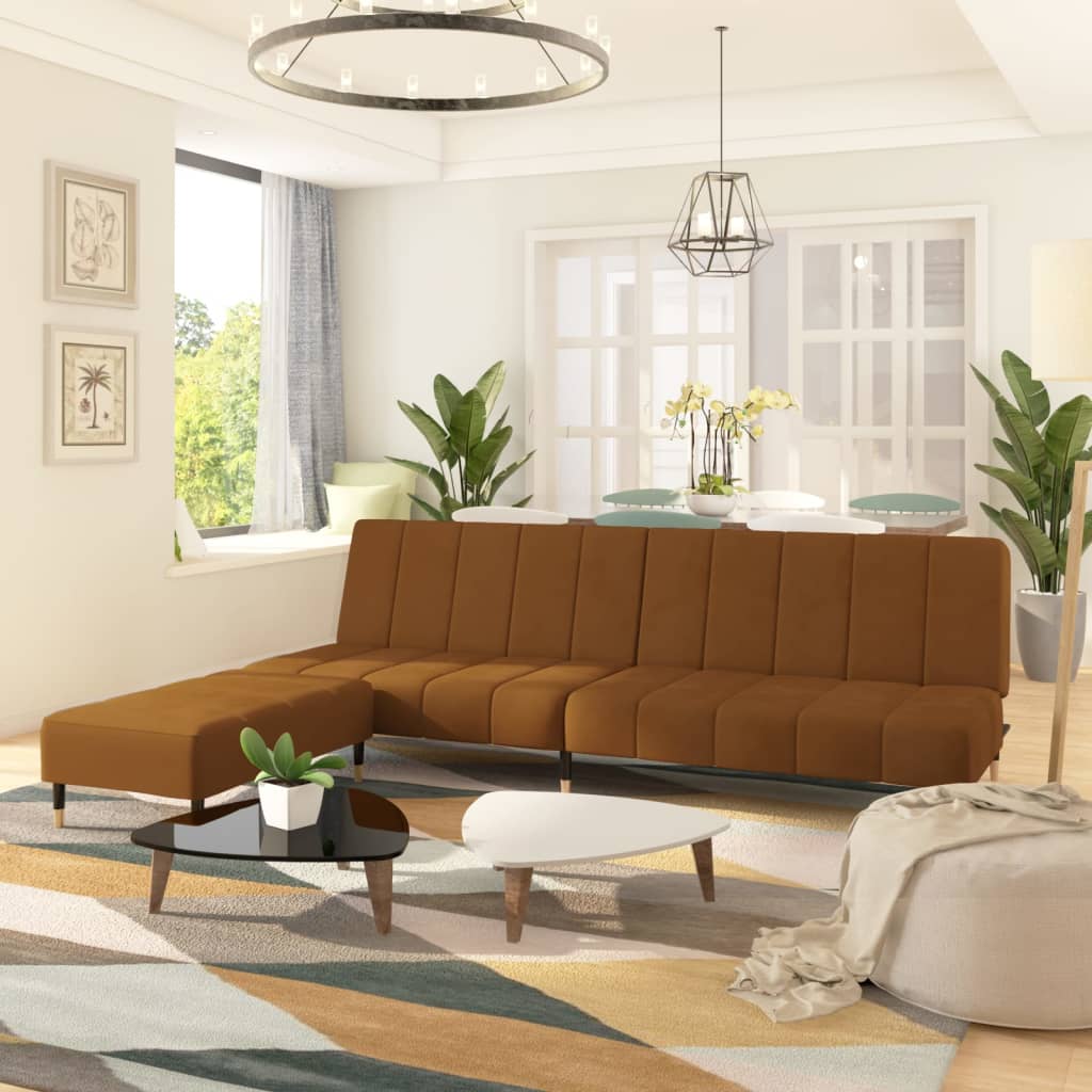 Schlafsofa 2-Sitzer mit Hocker Braun Samt