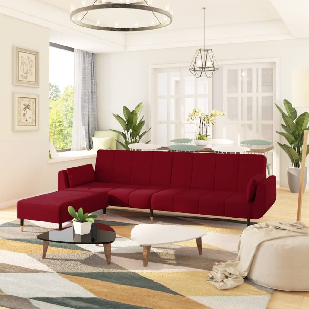 Schlafsofa 2-Sitzer mit Hocker & 2 Kissen Weinrot Samt