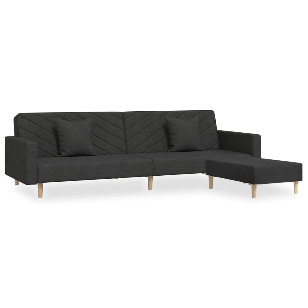 Schlafsofa 2-Sitzer mit 2 Kissen und Fußhocker Schwarz Stoff