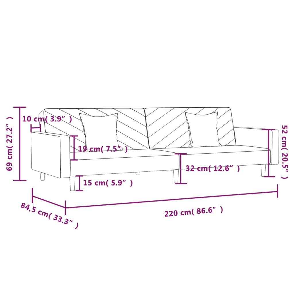 Schlafsofa 2-Sitzer mit 2 Kissen und Fußhocker Schwarz Stoff
