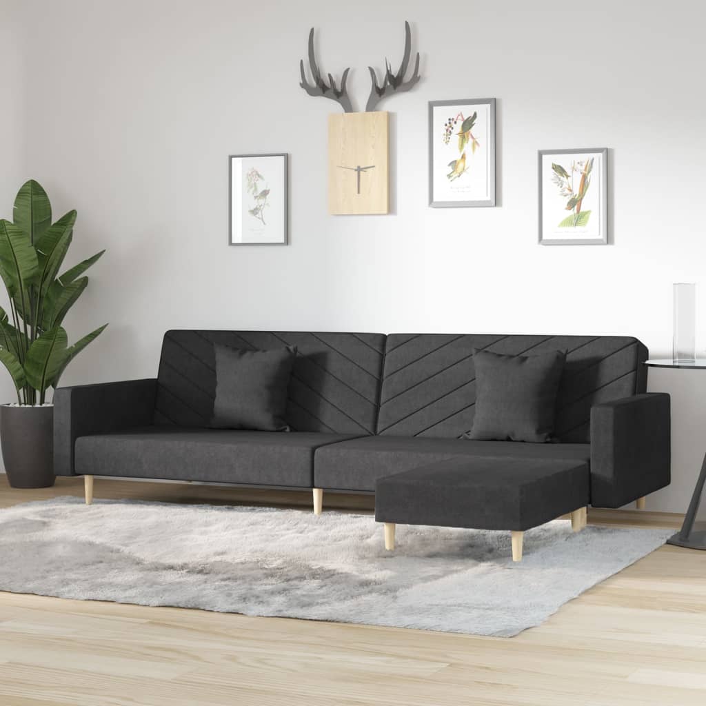 Schlafsofa 2-Sitzer mit 2 Kissen und Fußhocker Schwarz Stoff