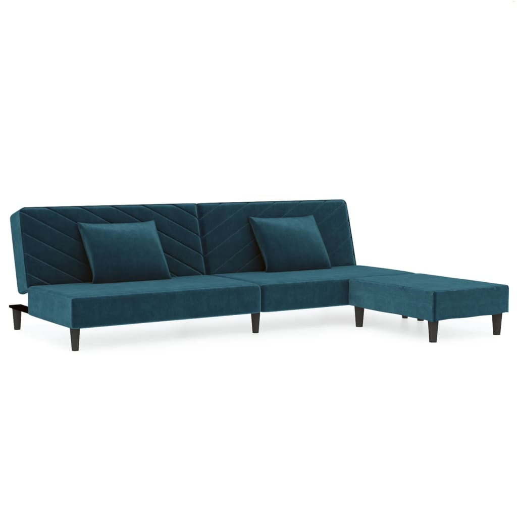 Schlafsofa 2-Sitzer mit 2 Kissen und Fußhocker Blau Samt