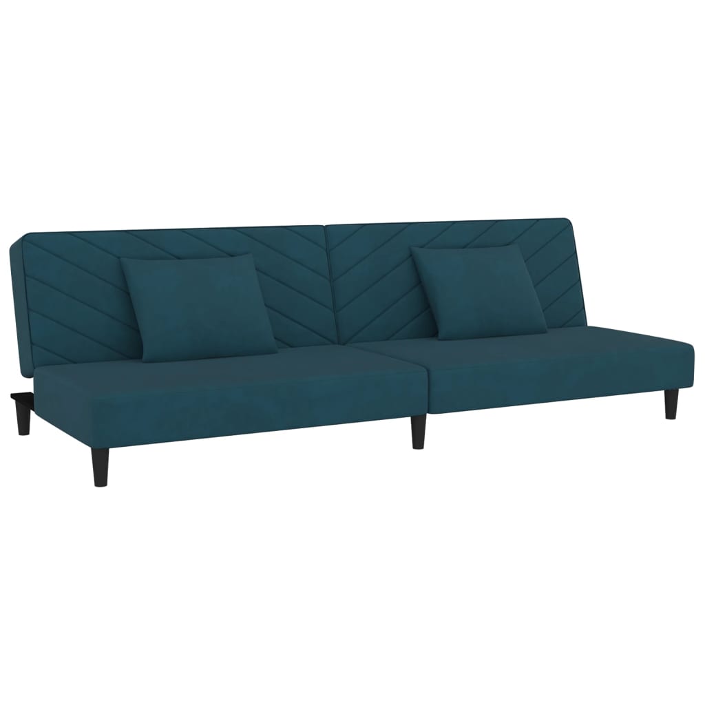 Schlafsofa 2-Sitzer mit 2 Kissen und Fußhocker Blau Samt