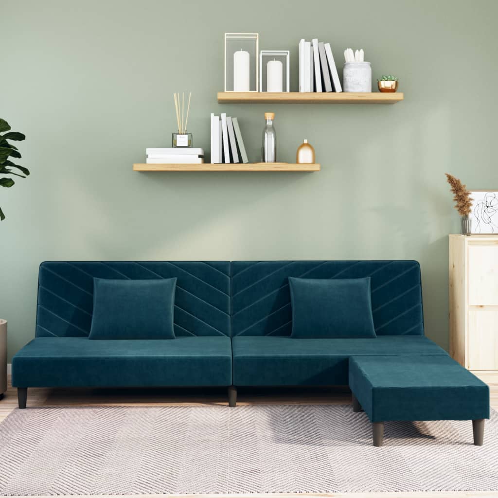 Schlafsofa 2-Sitzer mit 2 Kissen und Fußhocker Blau Samt
