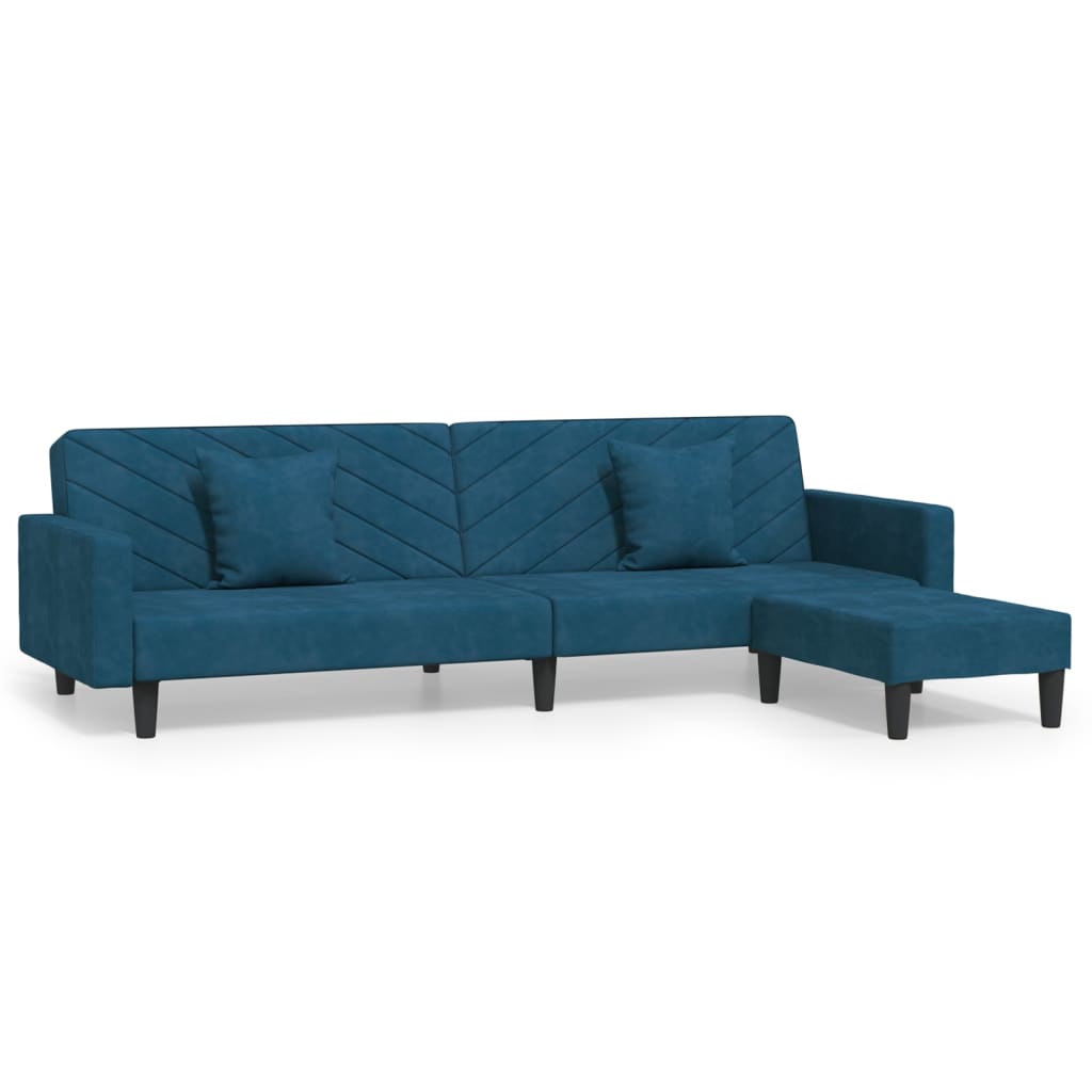 Schlafsofa 2-Sitzer mit 2 Kissen und Fußhocker Blau Samt