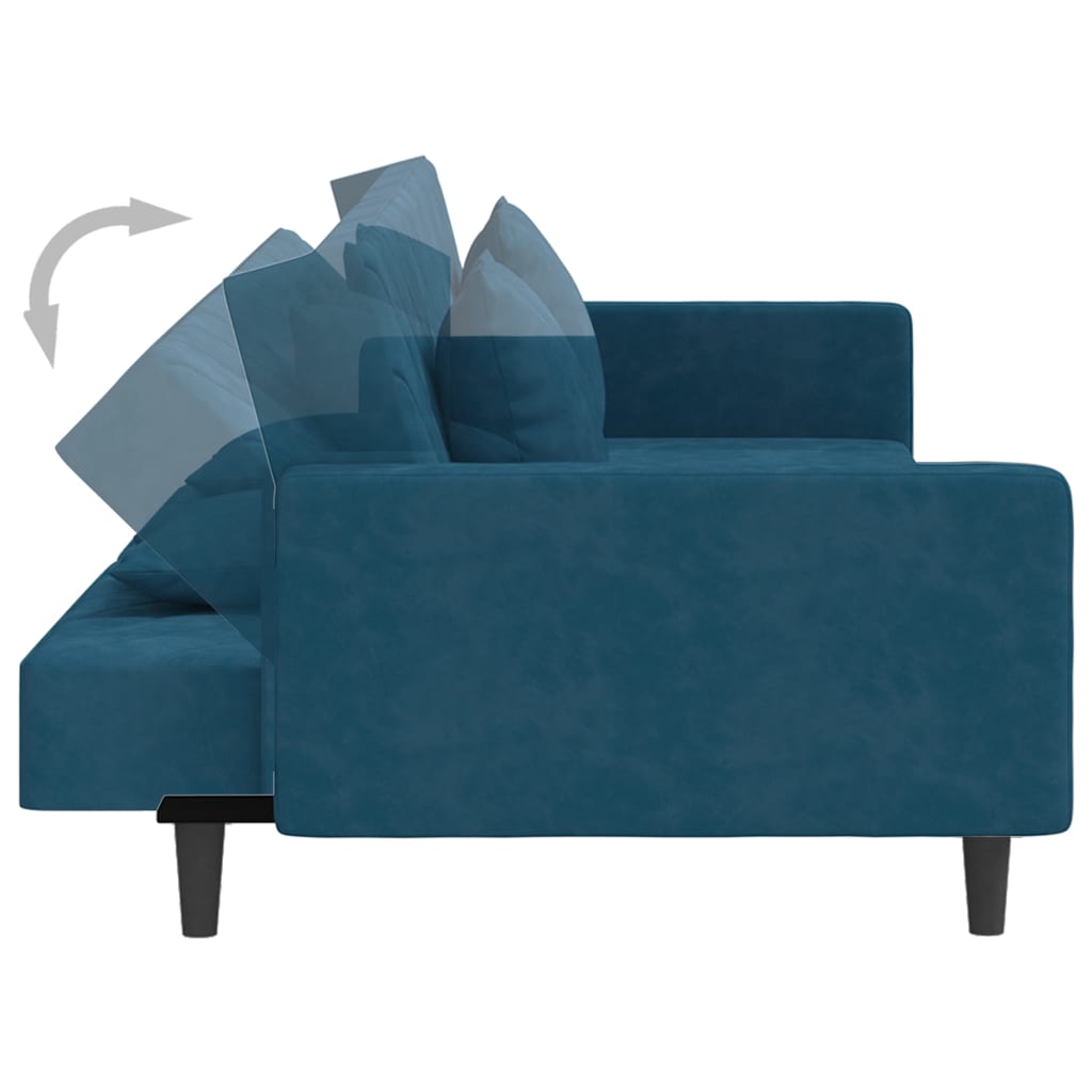 Schlafsofa 2-Sitzer mit 2 Kissen und Fußhocker Blau Samt