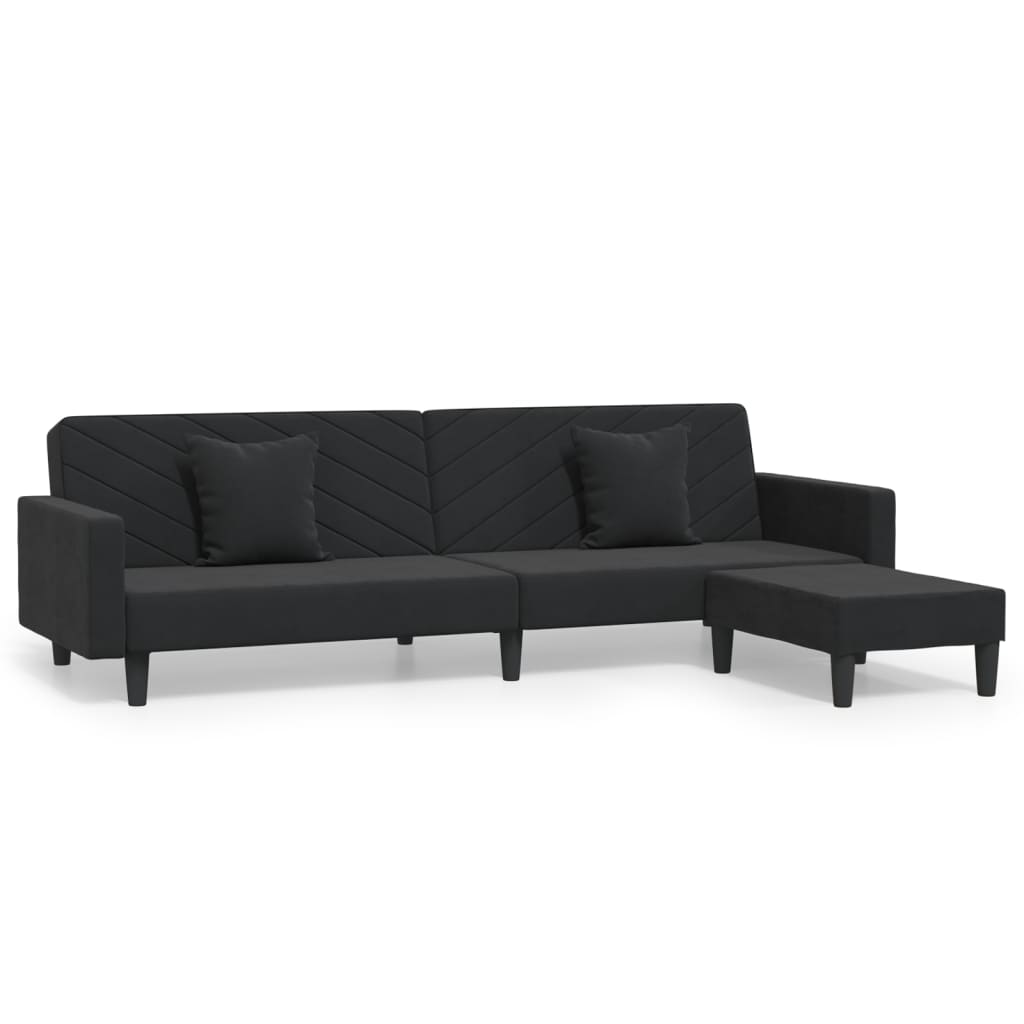 Schlafsofa 2-Sitzer mit 2 Kissen und Fußhocker Schwarz Samt