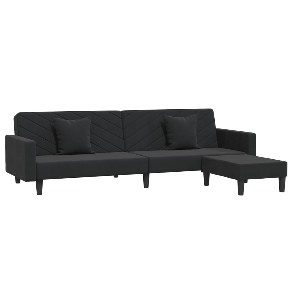 Schlafsofa 2-Sitzer mit 2 Kissen und Fußhocker Schwarz Samt