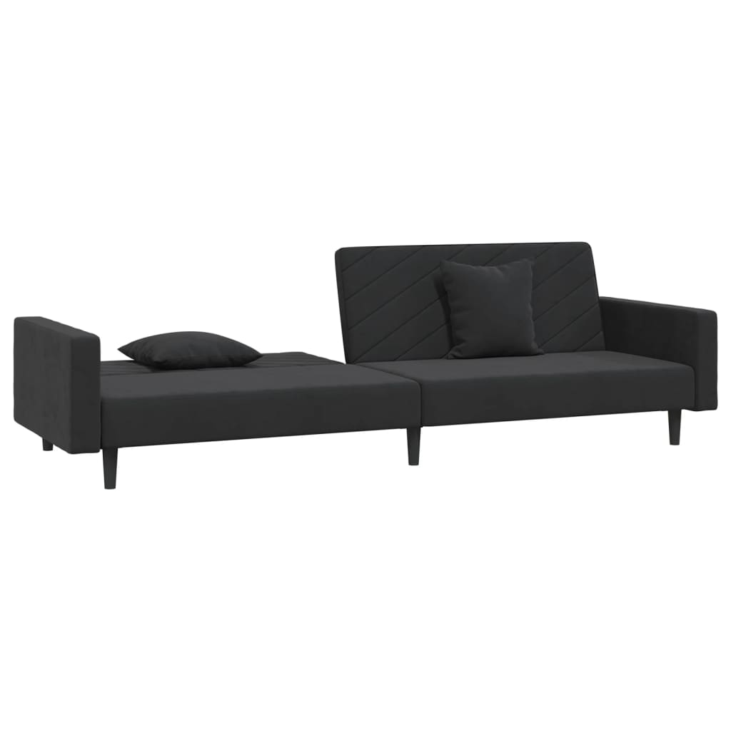 Schlafsofa 2-Sitzer mit 2 Kissen und Fußhocker Schwarz Samt