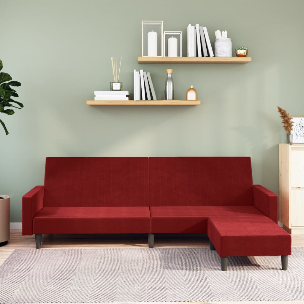 Schlafsofa 2-Sitzer mit Fußhocker Weinrot Samt