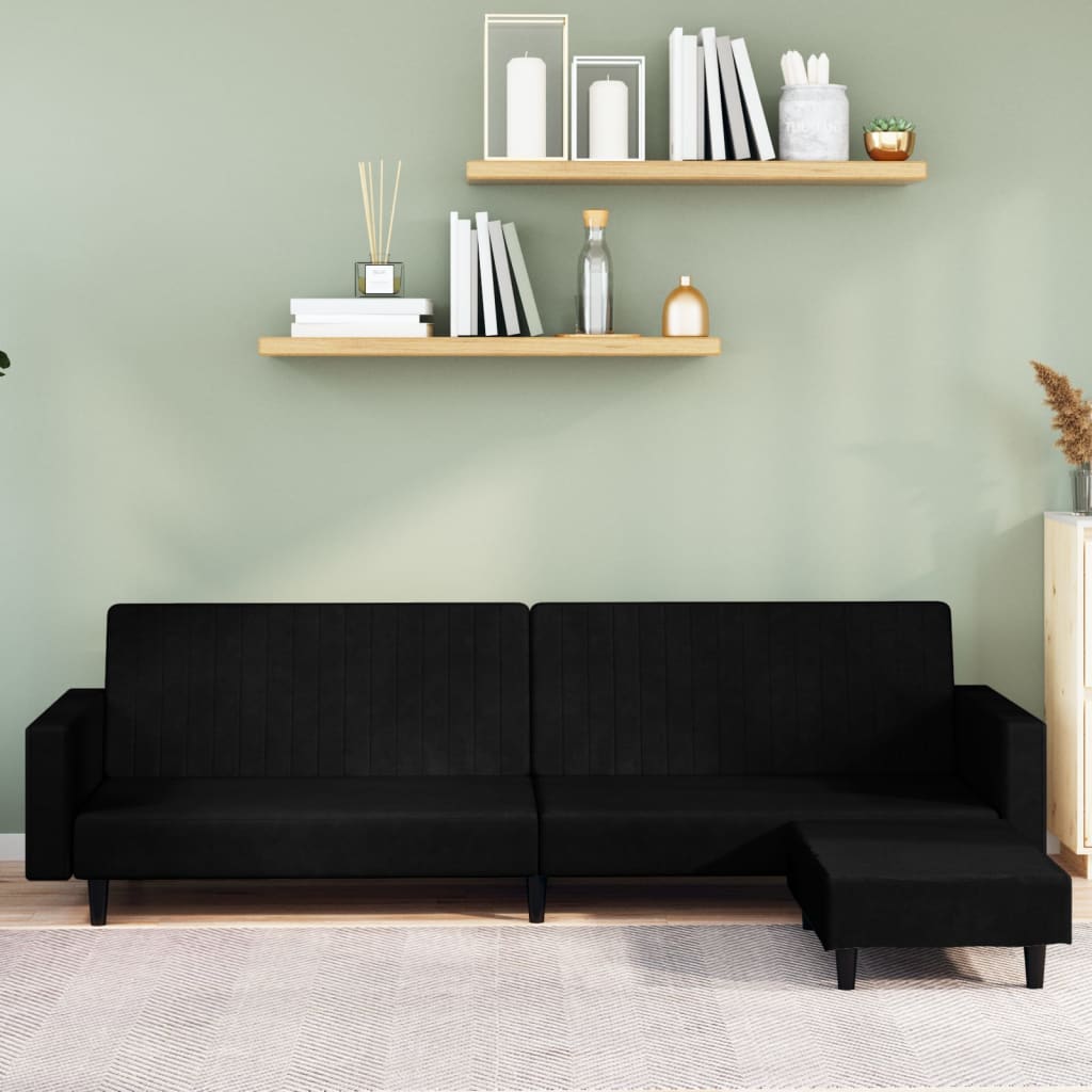 Schlafsofa 2-Sitzer mit Fußhocker Schwarz Samt