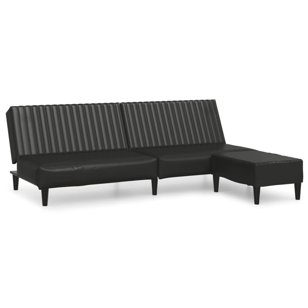 Schlafsofa 2-Sitzer mit Fußhocker Schwarz Kunstleder