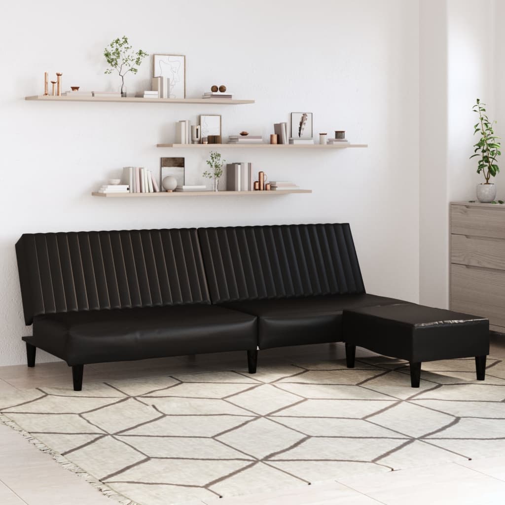 Schlafsofa 2-Sitzer mit Fußhocker Schwarz Kunstleder