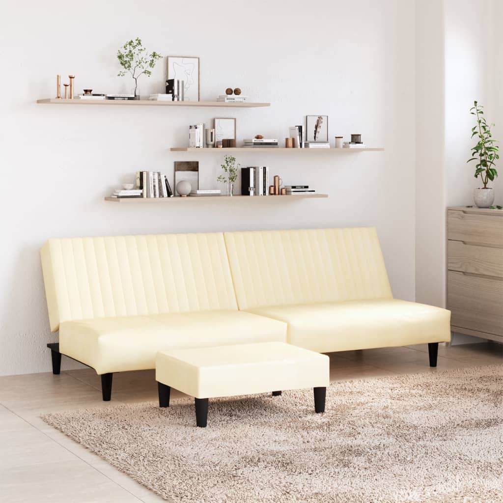 Schlafsofa 2-Sitzer mit Fußhocker Creme Kunstleder