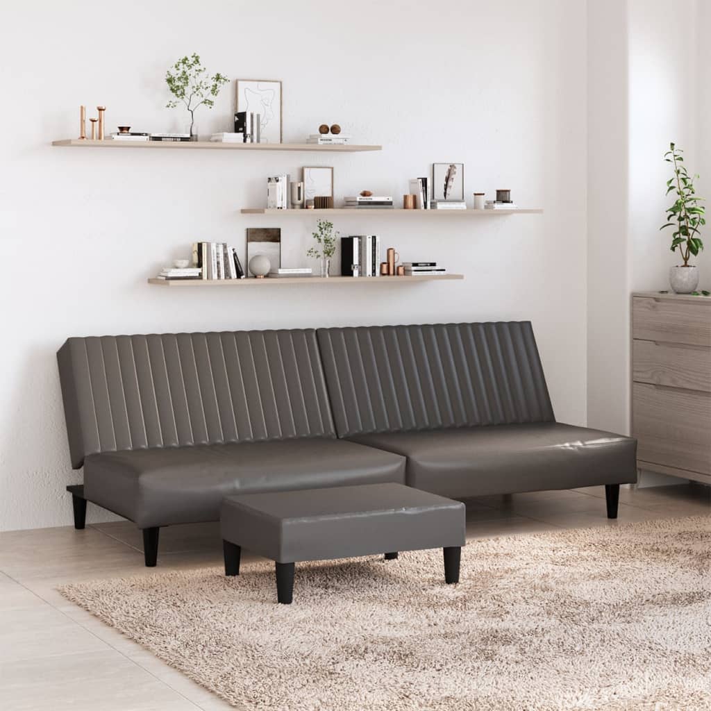Schlafsofa 2-Sitzer mit Fußhocker Grau Kunstleder