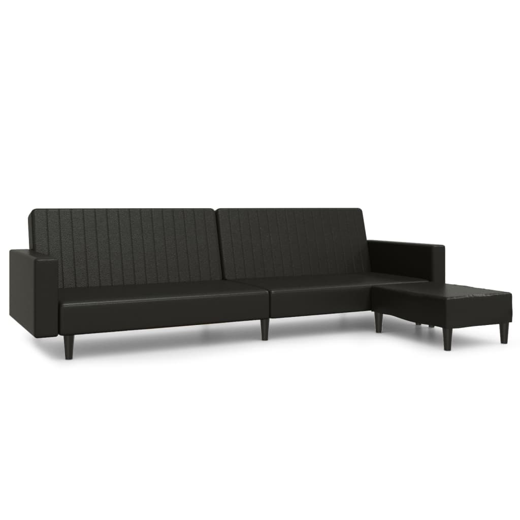 Schlafsofa 2-Sitzer mit Fußhocker Schwarz Kunstleder