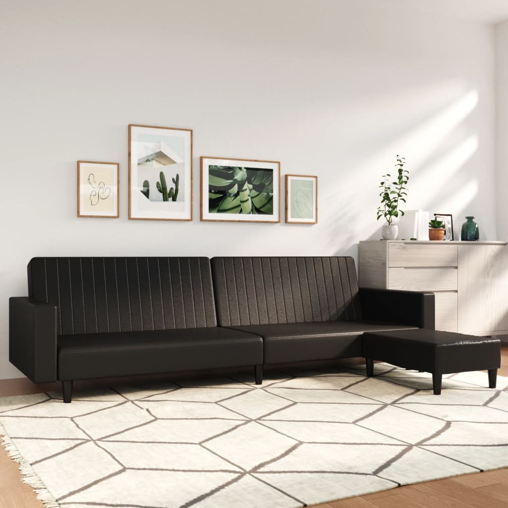 Schlafsofa 2-Sitzer mit Fußhocker Schwarz Kunstleder
