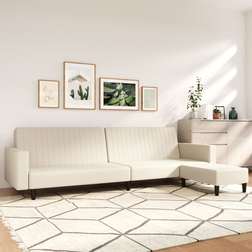 Schlafsofa 2-Sitzer mit Fußhocker Creme Kunstleder
